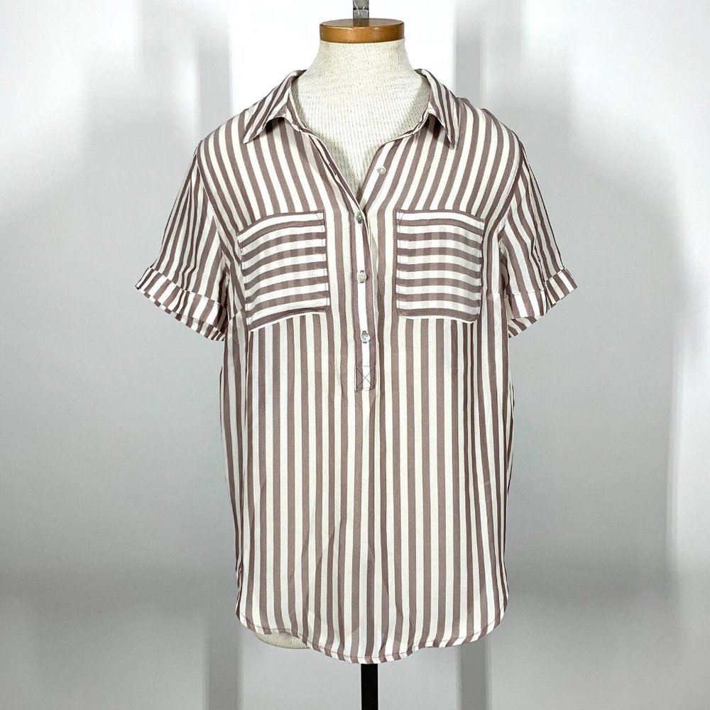A New Day Sheer Striped Collared Short Sleeve Tunic Blouse Sz M
